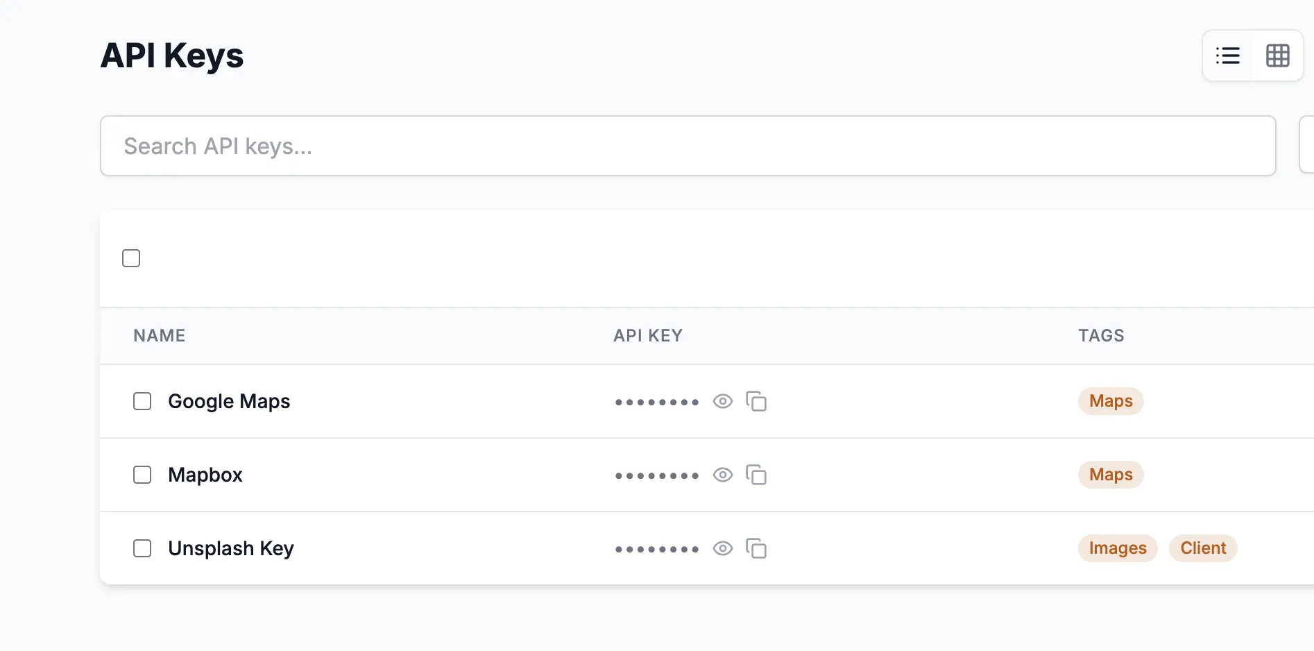 List of API keys in the app