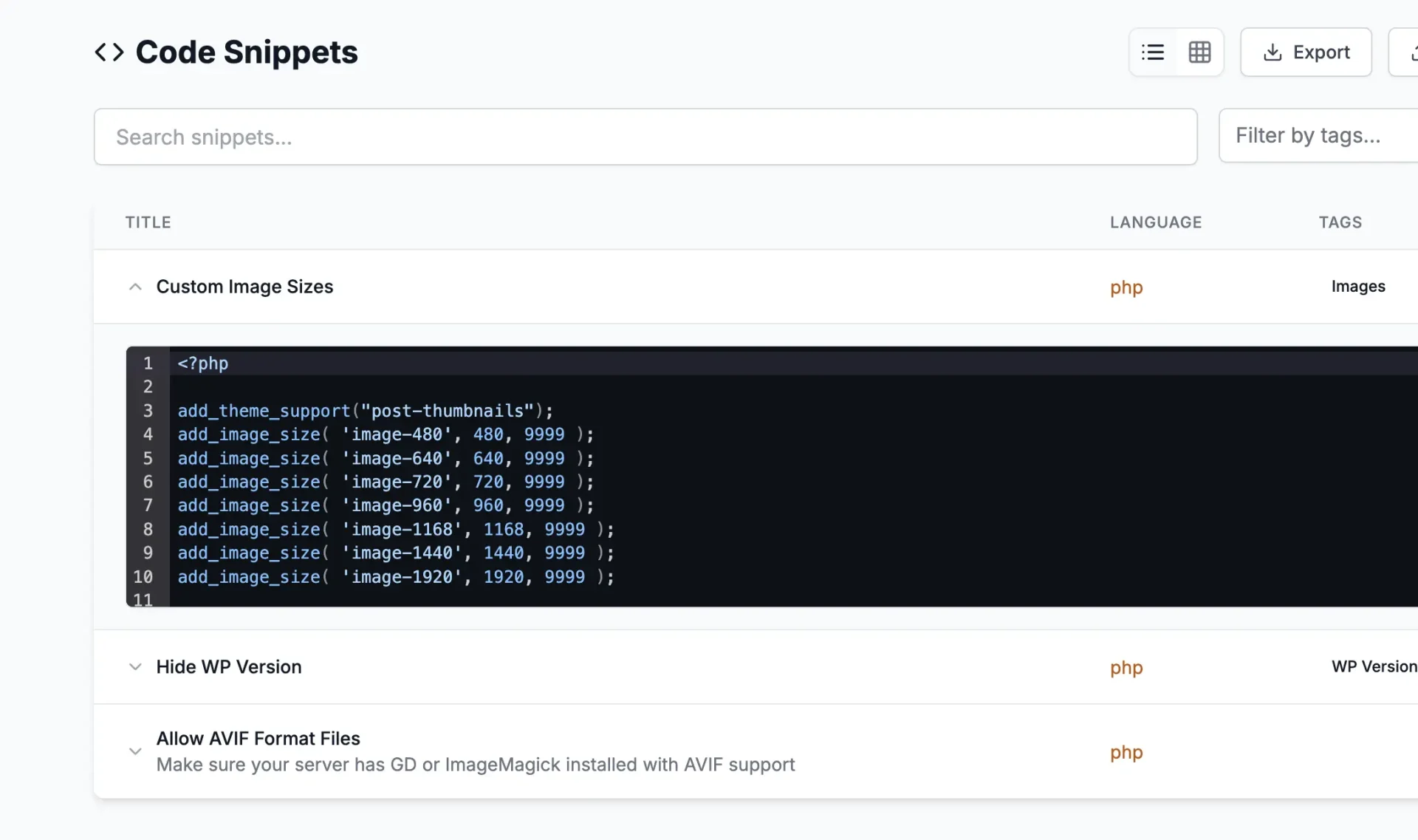 Code snippets list