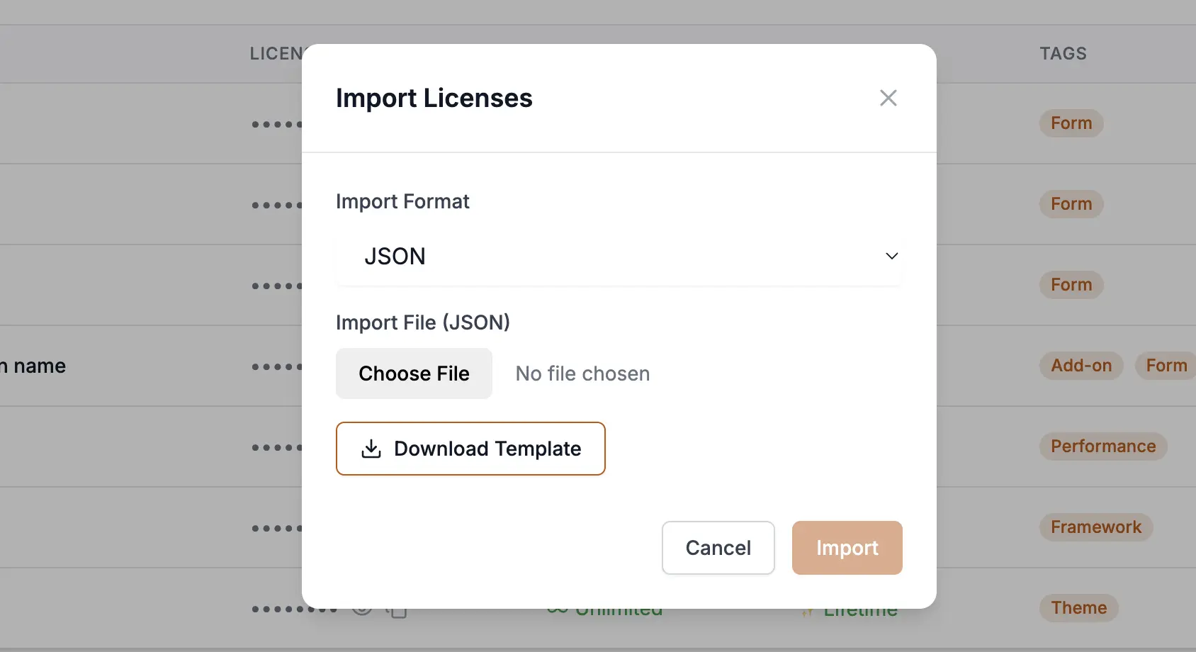 Import functionality popup