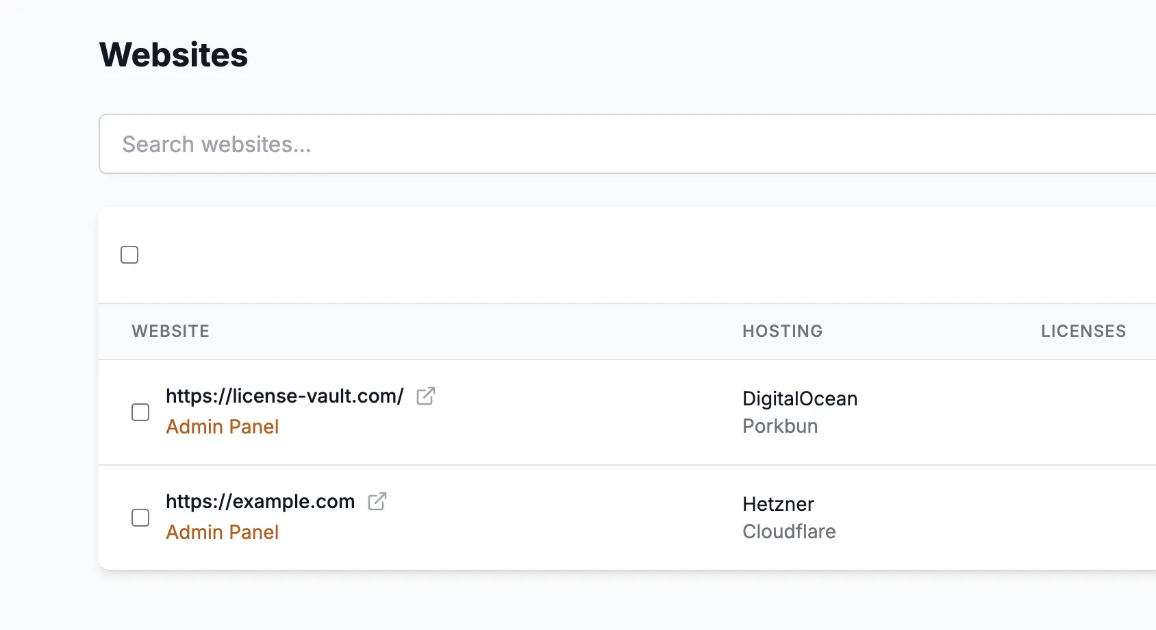 Website management screenshot